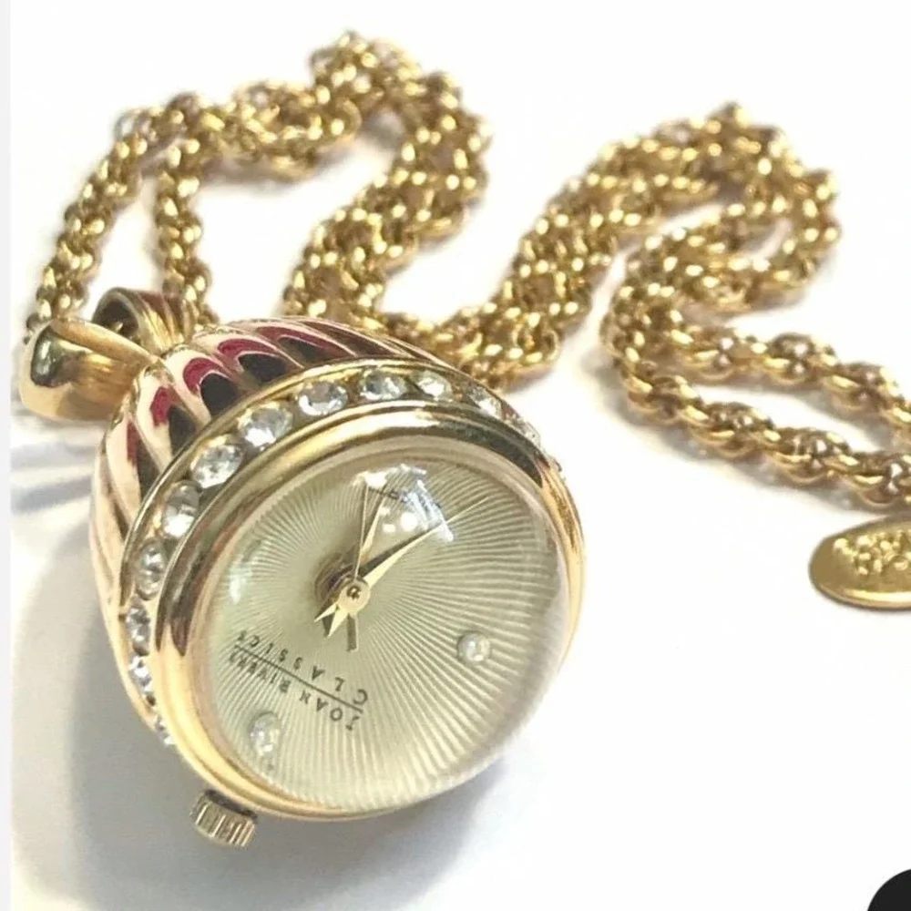 Joan Rivers Vintage Gold Tone Watch Pendant Crystal Egg Shape Necklace Works‎